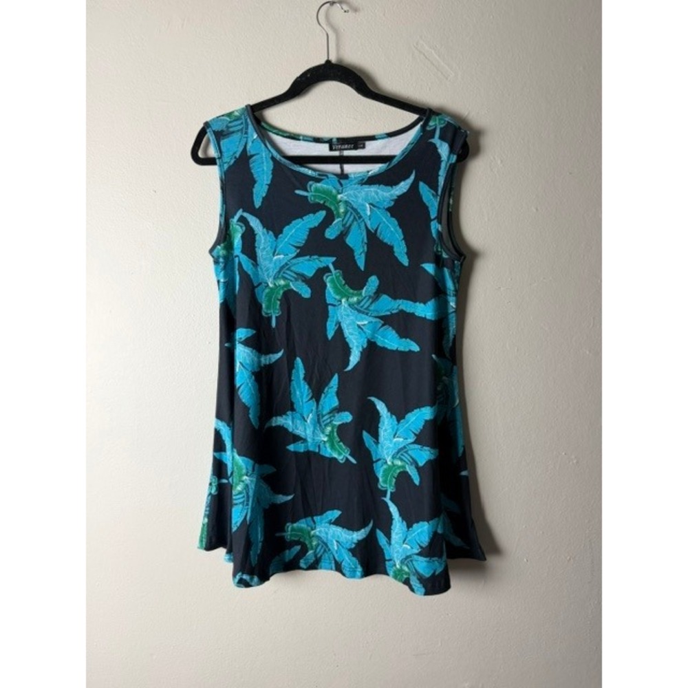 Veranee Women Black Tropical Palm Leaf Print Sleeveless Tunic Tank Top Large